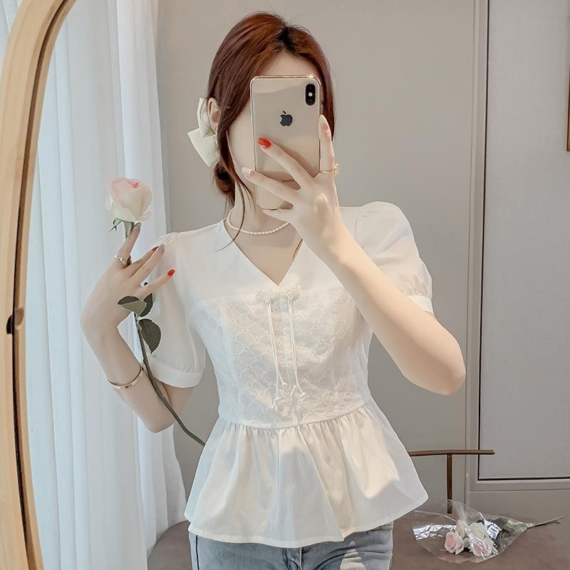Sewing V - Short-sleeved Shirt French Beautiful Waist Fashionable