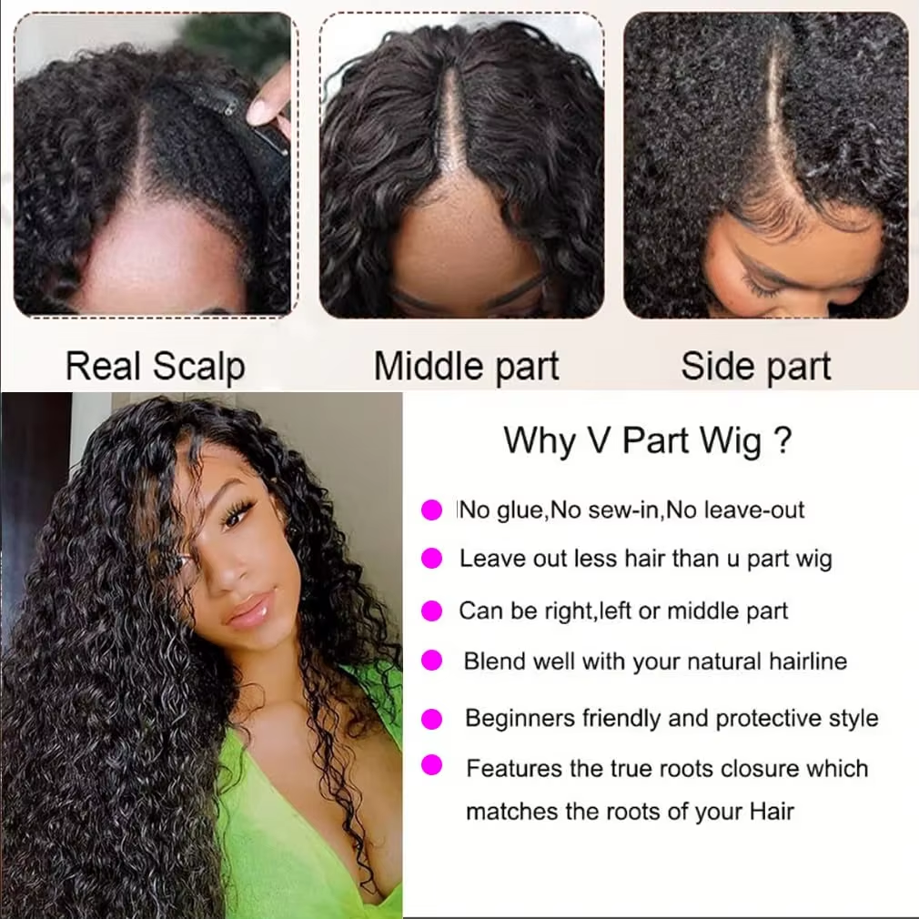 30 Inch Curly V Part Wig Human - Sewing V avaliação e preço